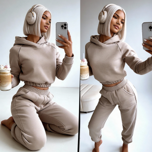 dres ocieplany komplet damski bezowy bluza z kapturem