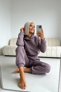 dres ocieplany komplet damski lawendowy fioletowy bluza z kapturem
