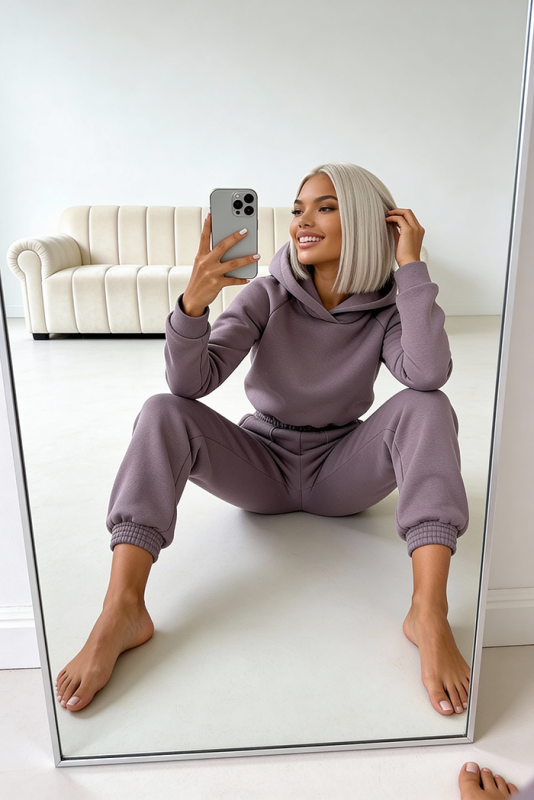 dres ocieplany komplet damski lawendowy fioletowy bluza z kapturem