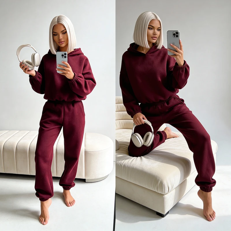 komplet dresowy basic damski  bluza z kapturem bordowy