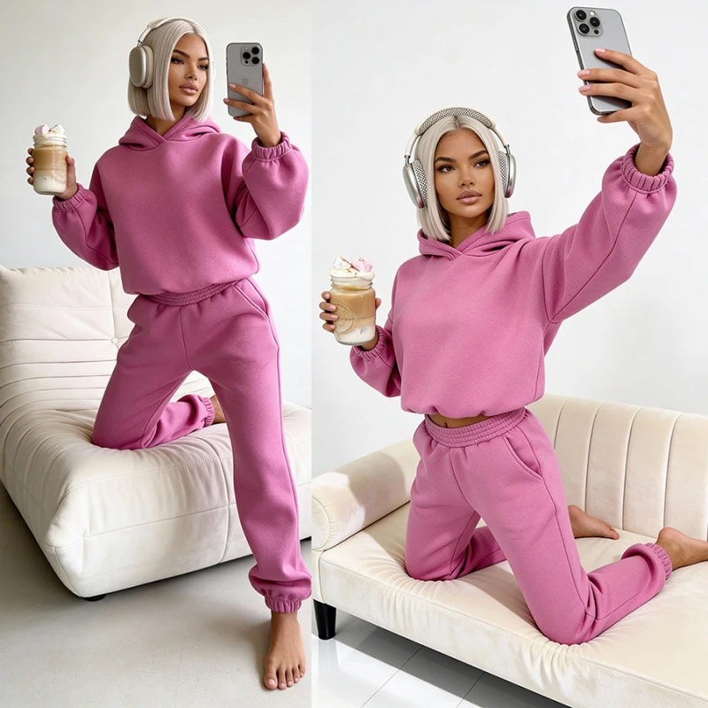 rozowy komplet dresowy basic damski  bluza z kapturem