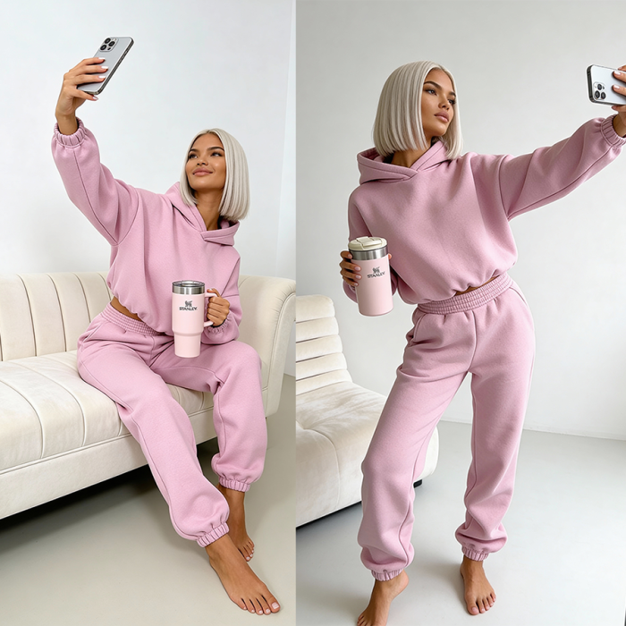 dres ocieplany pudrowy komplet dresowy damski  bluza z kapturem