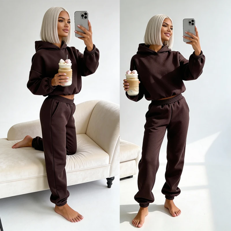 komplet dresowy basic damski  bluza z kapturem brazowy