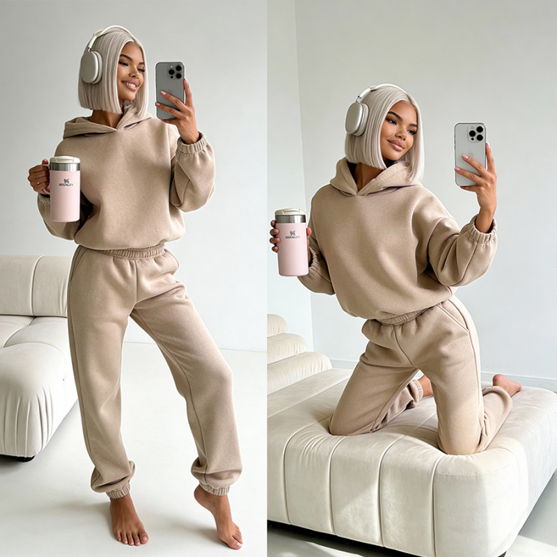 komplet dresowy basic damski  bluza z kapturem bezowy