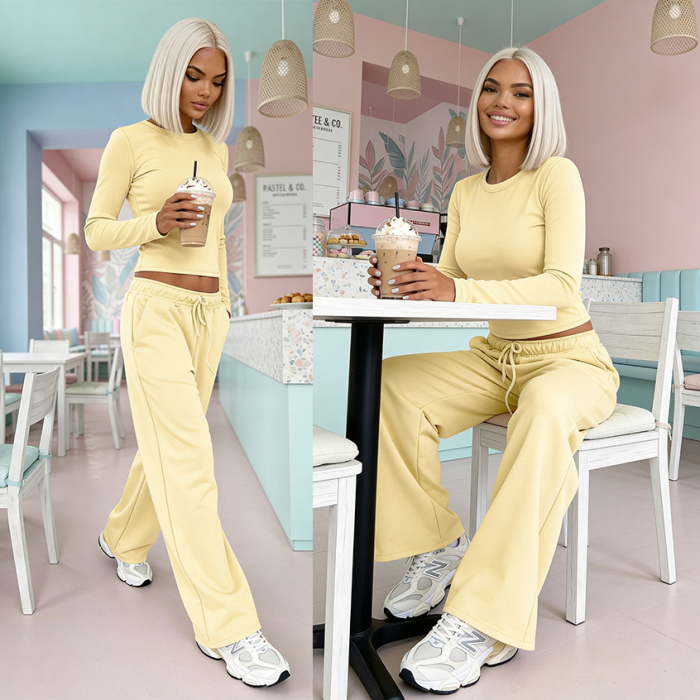 komplet damski pastelowy zolty wiskoza luzne spodnie dopasowana bluzka