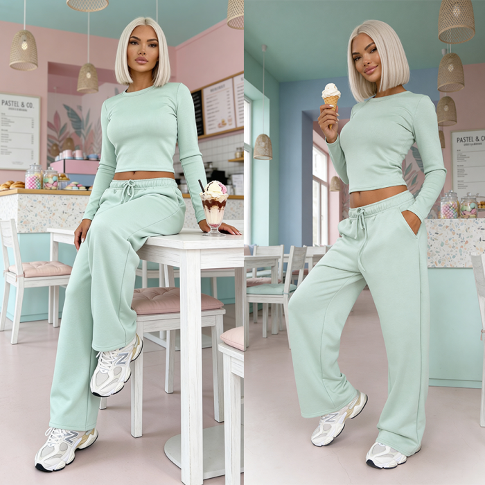 komplet damski pistacjowy wiskoza luzne spodnie dopasowana bluzka