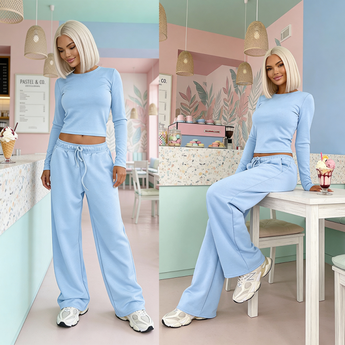 komplet damski baby blue niebieski wiskoza luzne spodnie dopasowana bluzka