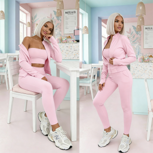 damski komplet 3w1 top bluza legginsy wiskoza pastelowy rozowy