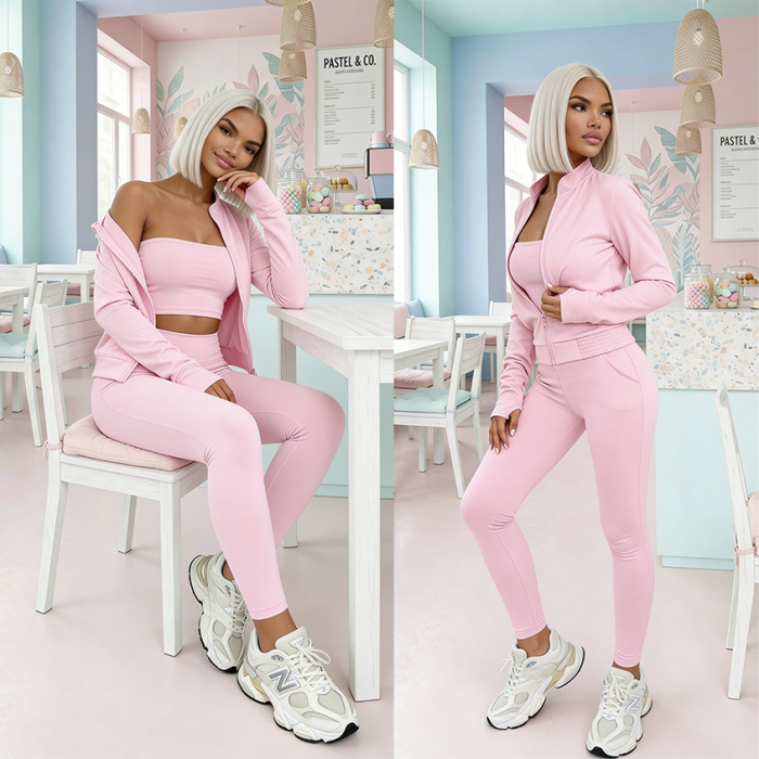 damski komplet 3w1 top bluza legginsy wiskoza pastelowy rozowy