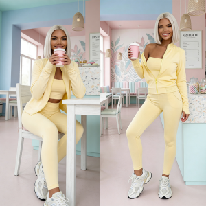 damski komplet 3w1 top bluza legginsy wiskoza pastelowy zolty