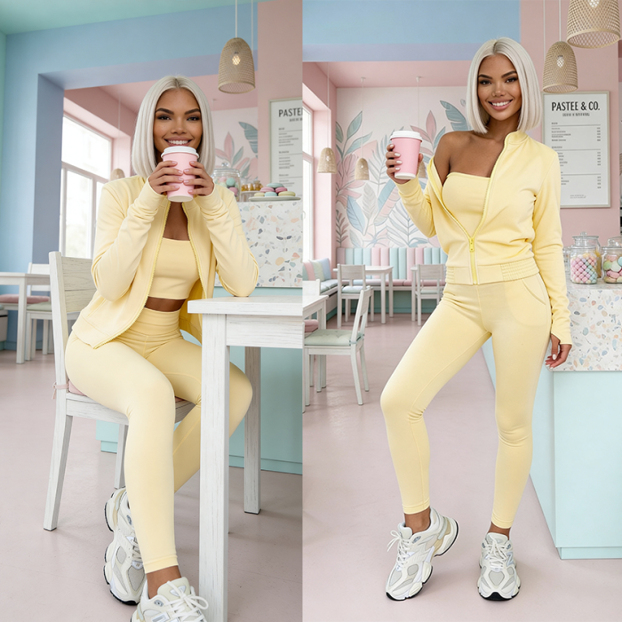 damski komplet 3w1 top bluza legginsy wiskoza pastelowy zolty