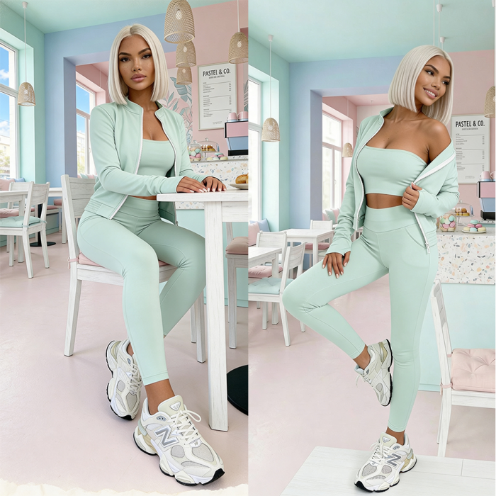 damski komplet 3w1 top bluza legginsy wiskoza pistacjowy