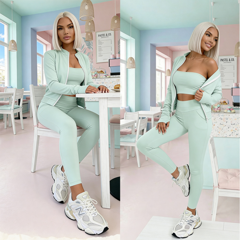 damski komplet 3w1 top bluza legginsy wiskoza pistacjowy