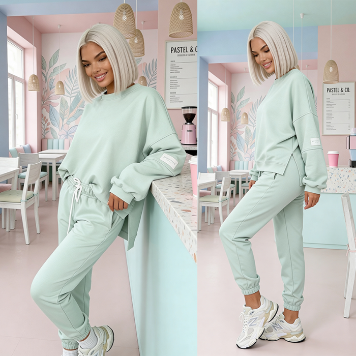 komplet damski spodnie asymetryczna bluzka wiskoza  pistacjowy