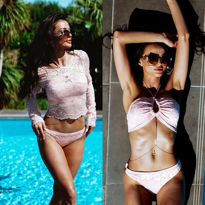 Koronkowe pudrowe bikini z bluzką