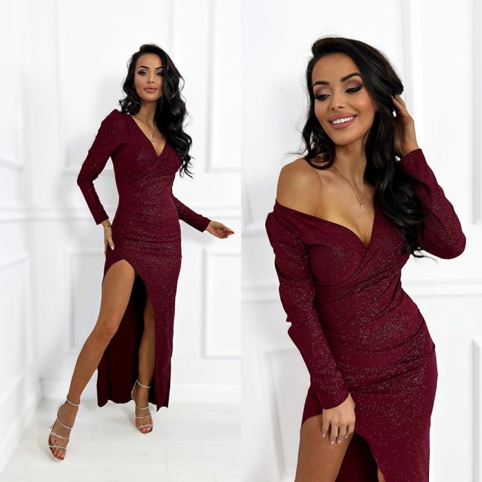 sukienka długa z rozcięciem bordowa