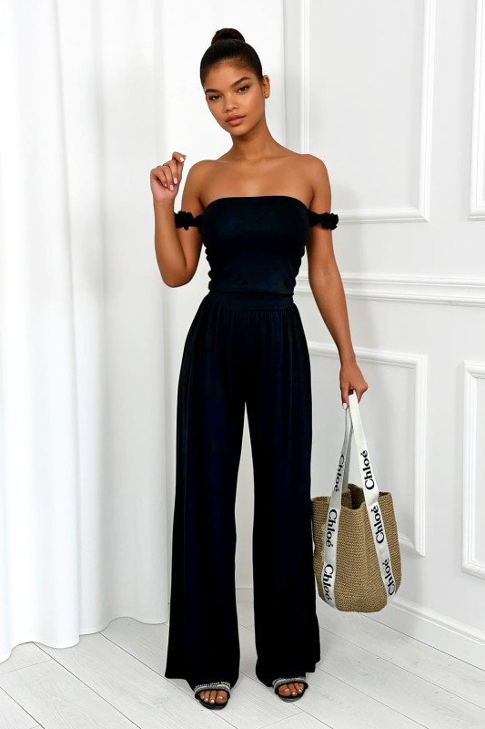 komplet czarny z wiskozy szerokie spodnie i top