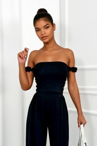 komplet czarny z wiskozy szerokie spodnie i top