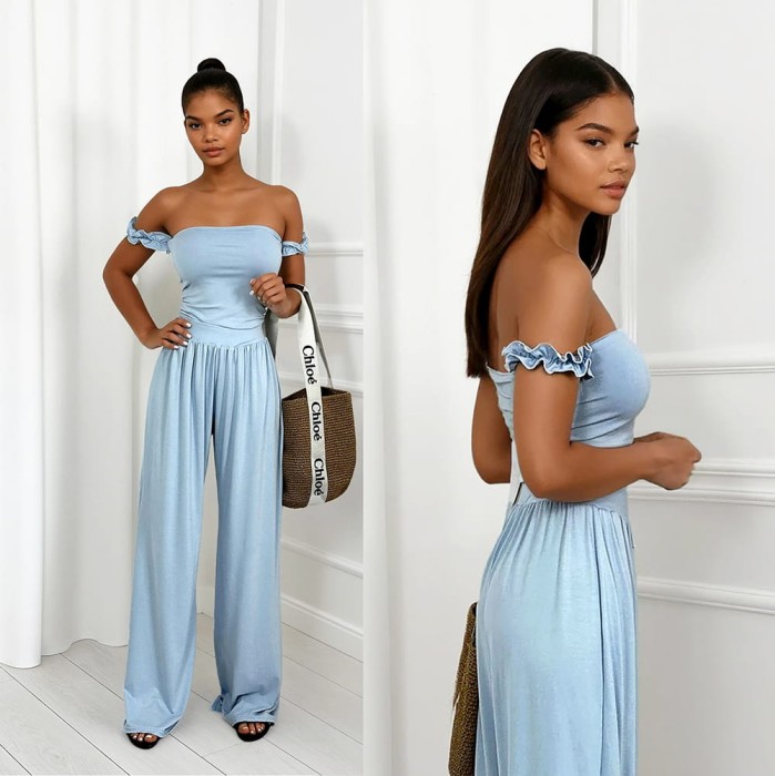 komplet niebieski z wiskozy szerokie spodnie i top