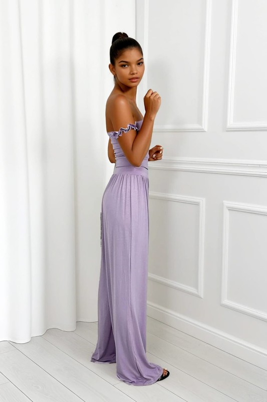 komplet liliowy z wiskozy szerokie spodnie i top