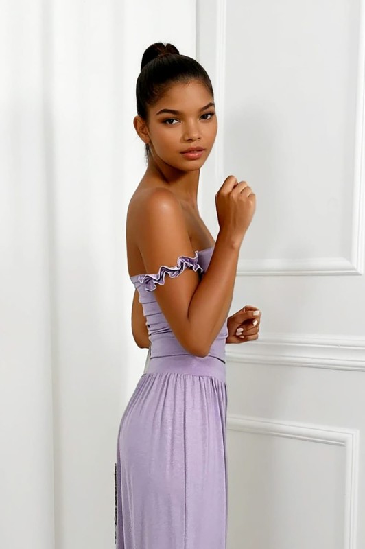 komplet liliowy z wiskozy szerokie spodnie i top