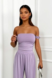 komplet liliowy z wiskozy szerokie spodnie i top