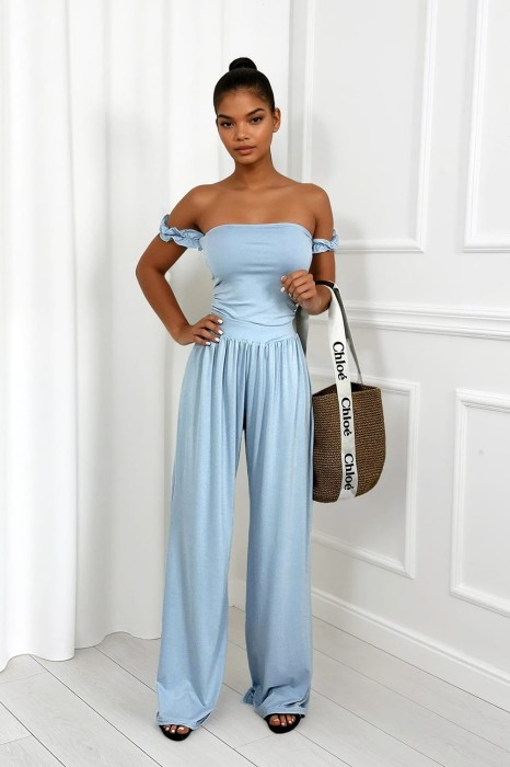 komplet niebieski z wiskozy szerokie spodnie i top