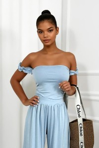 komplet niebieski z wiskozy szerokie spodnie i top