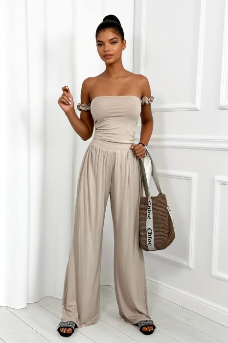 komplet beżowy z wiskozy szerokie spodnie i top