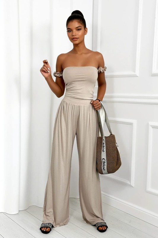 komplet beżowy z wiskozy szerokie spodnie i top
