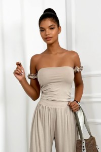 komplet beżowy z wiskozy szerokie spodnie i top