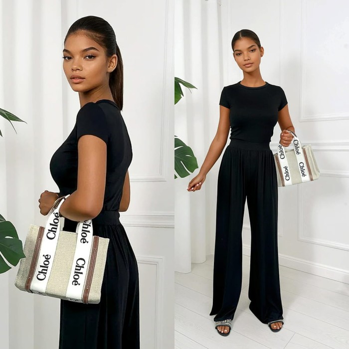 czarne spodnie i bluzka z wiskozy