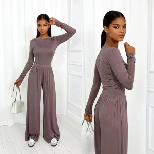 komplet z wiskozy spodnie i bluzka mocca