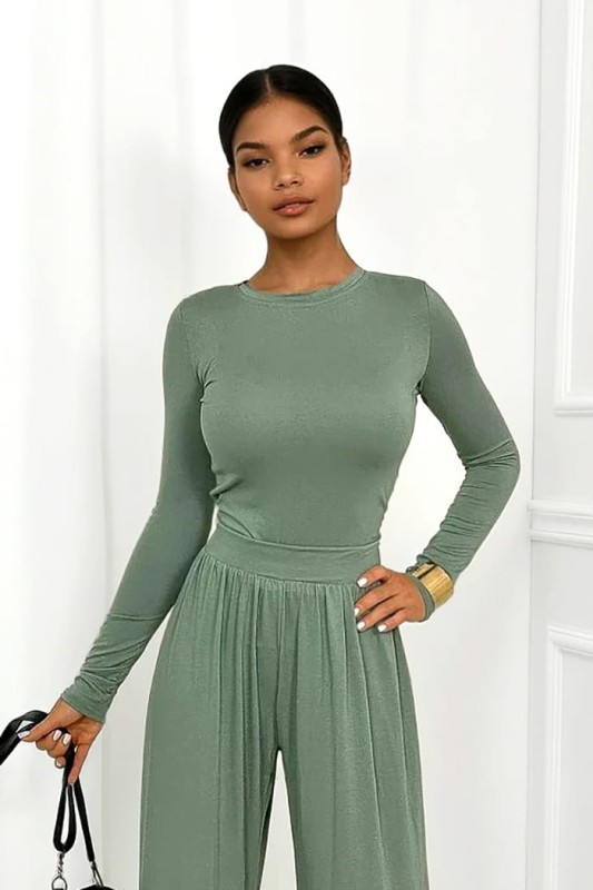 oliwkowy komplet z wiskozy spodnie i bluzka