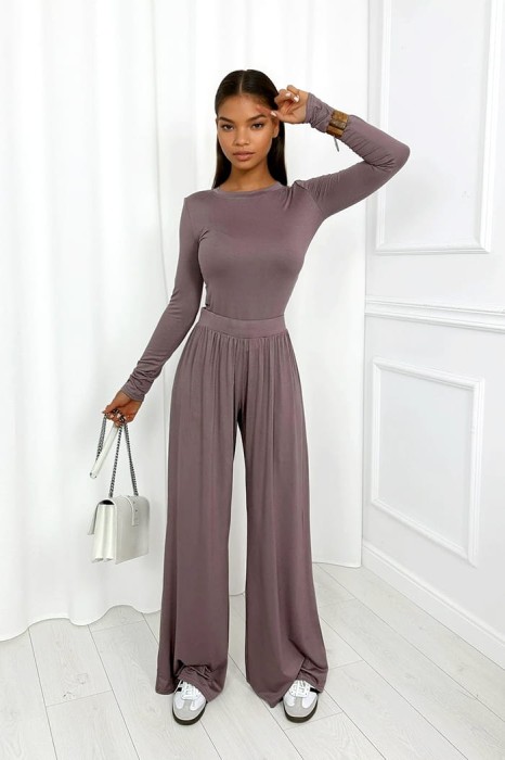 komplet z wiskozy spodnie i bluzka mocca