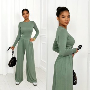 oliwkowy komplet z wiskozy spodnie i bluzka