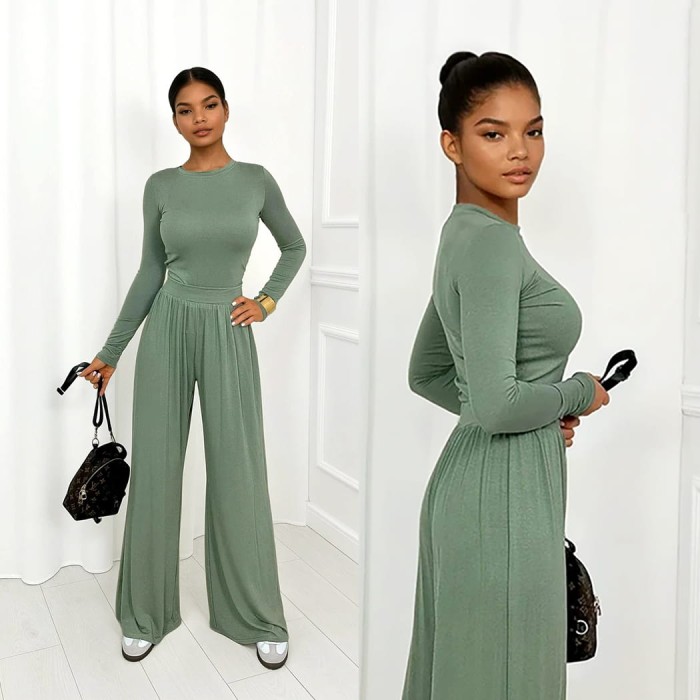 oliwkowy komplet z wiskozy spodnie i bluzka