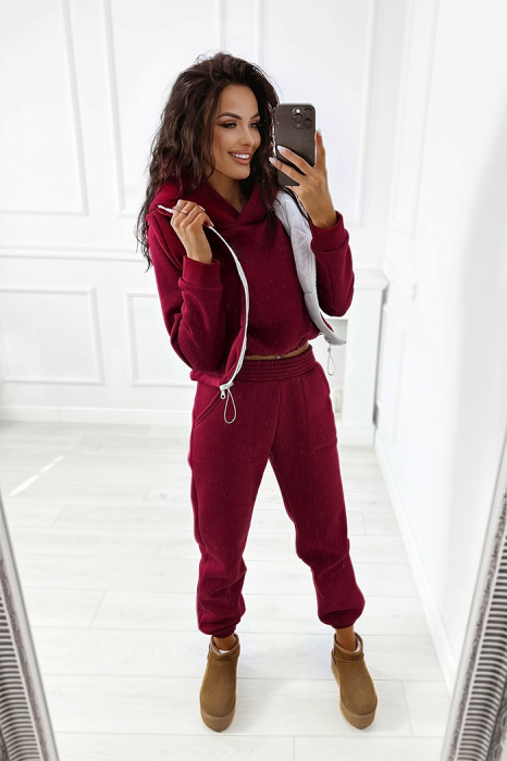 bordowy ocieplany 3w1  dres damski z kamizelką z kapturem