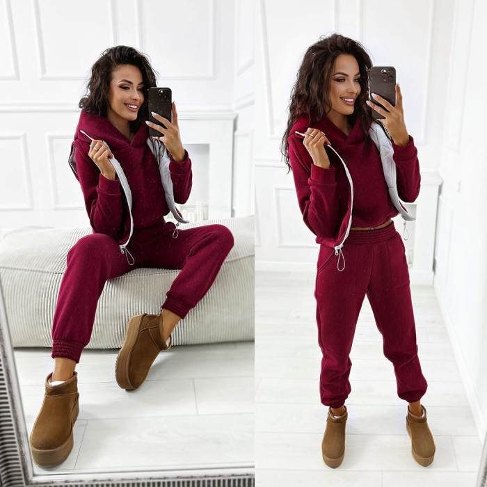 bordowy ocieplany 3w1  dres damski z kamizelką z kapturem