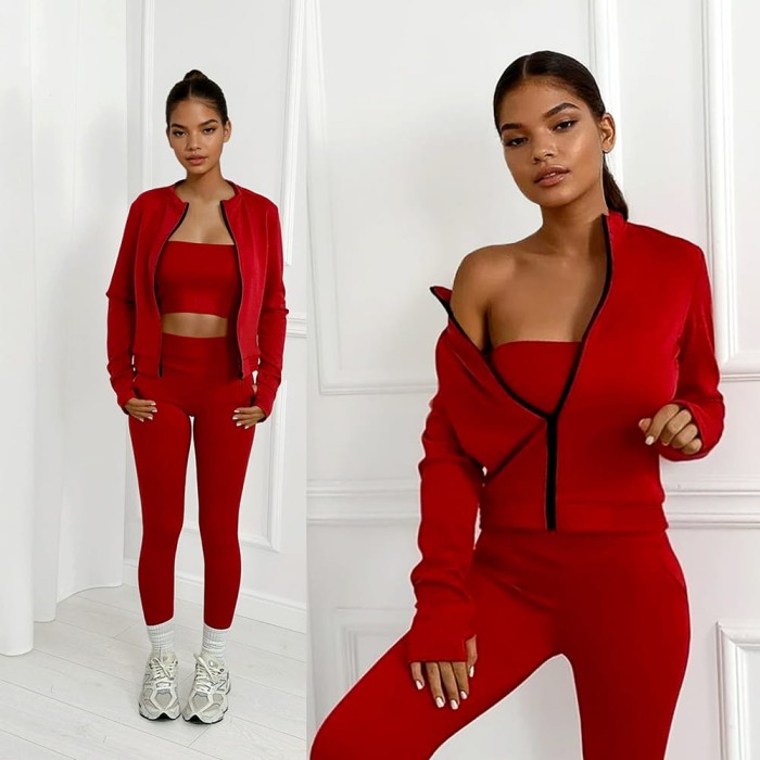 czerwony komplet z masełka top bluza legginsy