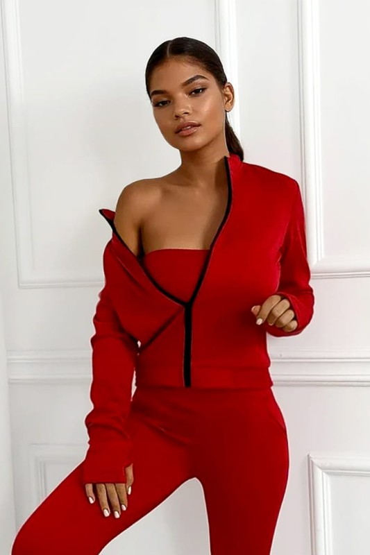 czerwony komplet z masełka top bluza legginsy