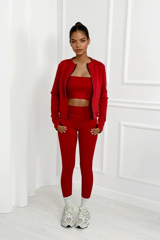 czerwony komplet z masełka top bluza legginsy