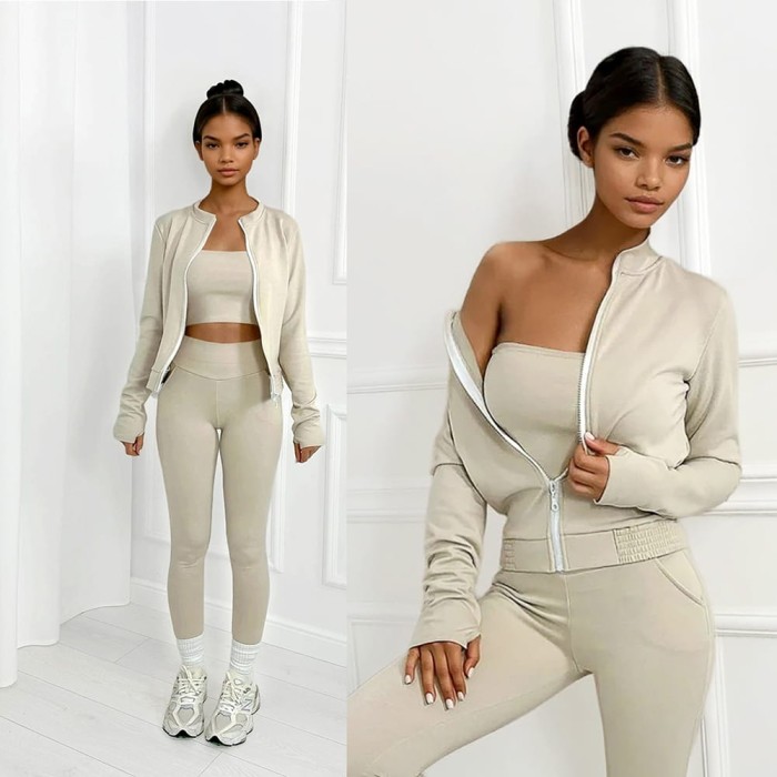 beżowy komplet z masełka top, bluza, legginsy