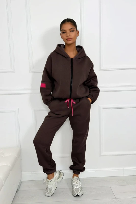 komplet dresowy basic damski  bluza z kapturem brazowy czekoladowy
