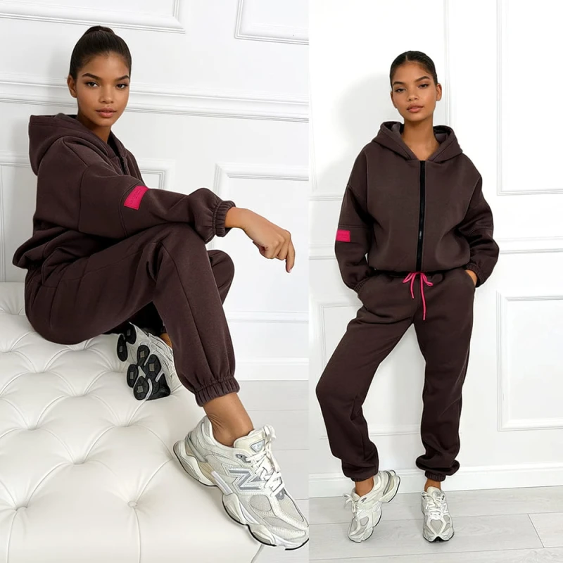 komplet dresowy basic damski  bluza z kapturem brazowy czekoladowy