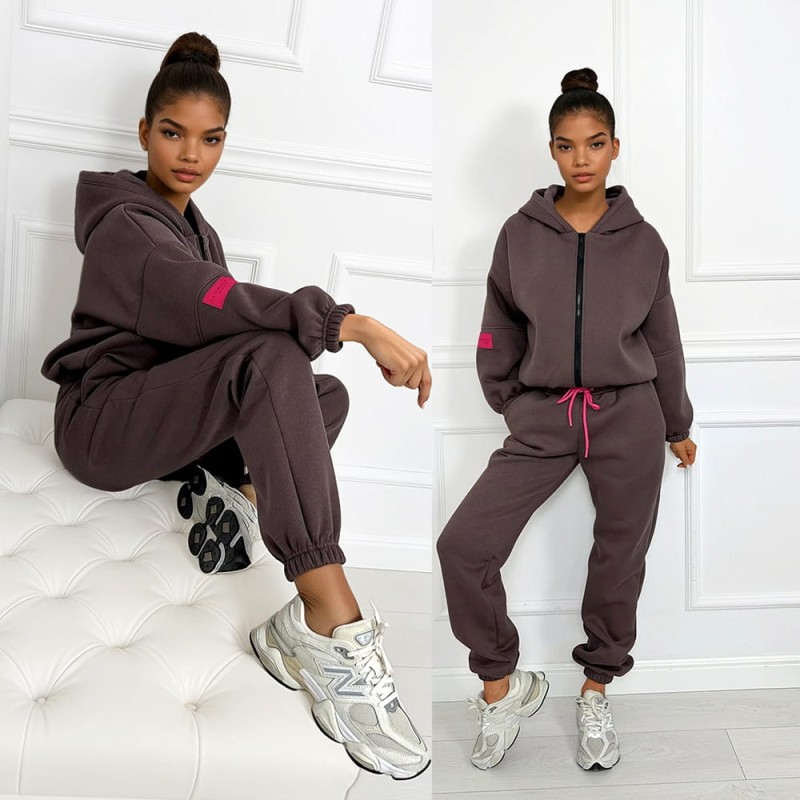 dres damski brazowy komplet rozpinana bluza z zamkiem