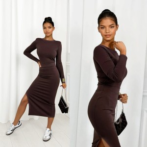 komplet masełko czekoladowy spódnica i bluzka z długim rękawem z wiskozą