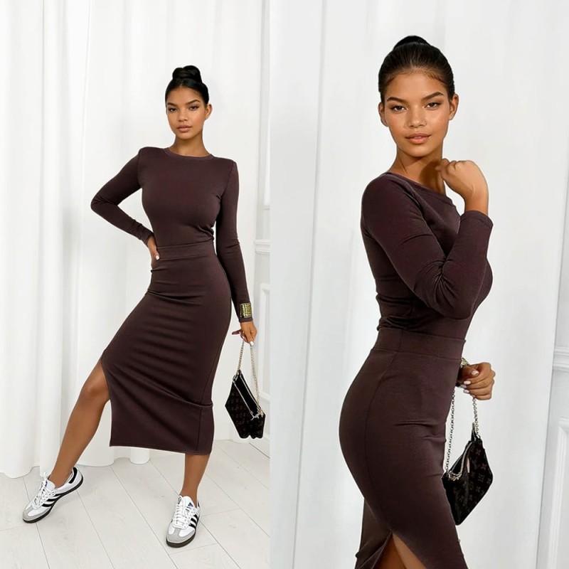 komplet masełko czekoladowy spódnica i bluzka z długim rękawem z wiskozą