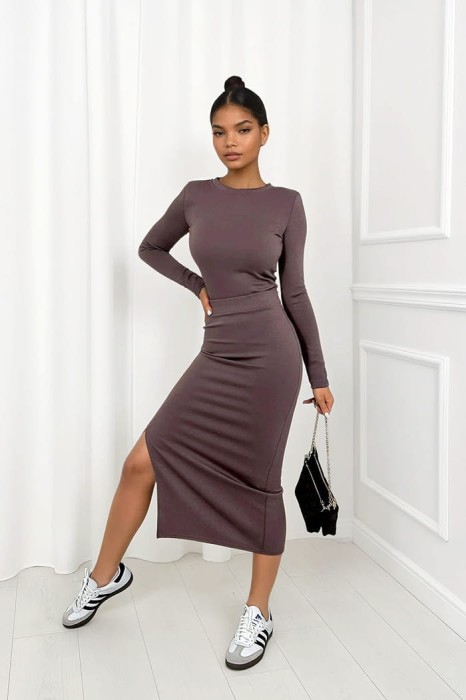 komplet masełko mocca spódnica i bluzka z długim rękawem z wiskozą