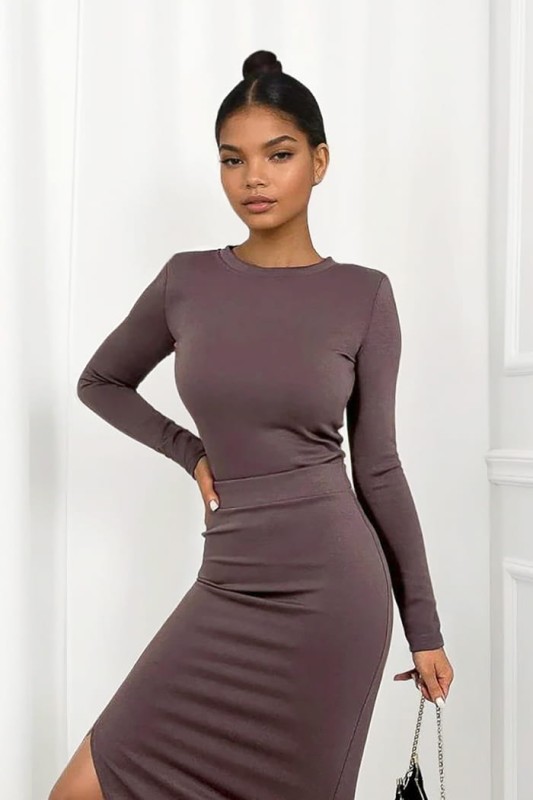 komplet masełko mocca spódnica i bluzka z długim rękawem z wiskozą